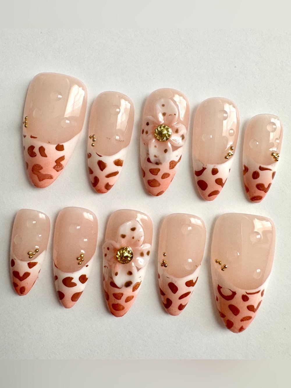 Nude & Coral Leopard Press-On Nail Set with 3D Flower Accent
